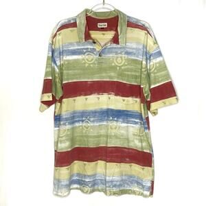 True Grit Colorful Stripe Sun Print Short Sleeve Polo Shirt Tee Large